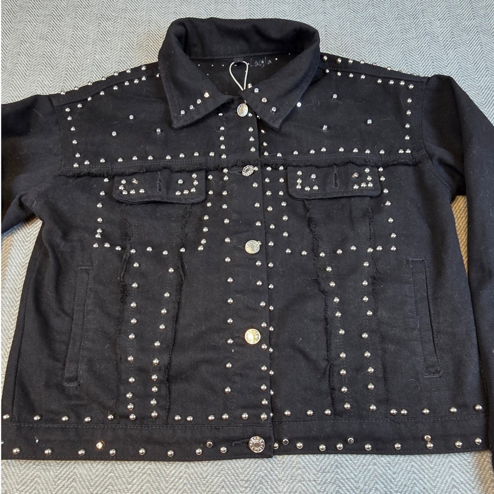 Laola Black Studded Denim Jacket Women Medium DH-0371 Distressed Frayed Punk